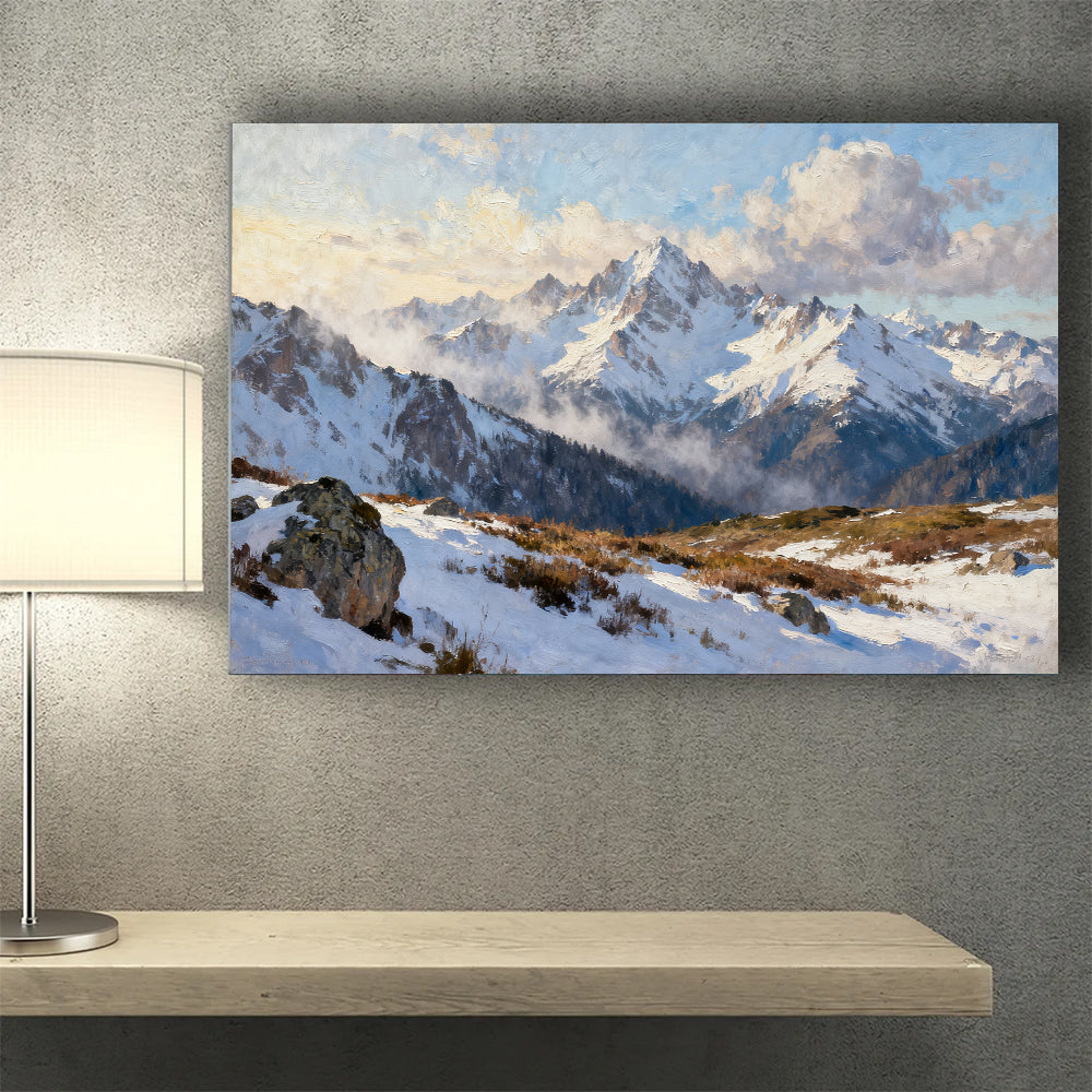 Snowy Alpine Outlook canvas wall art, wall mockup above a console.