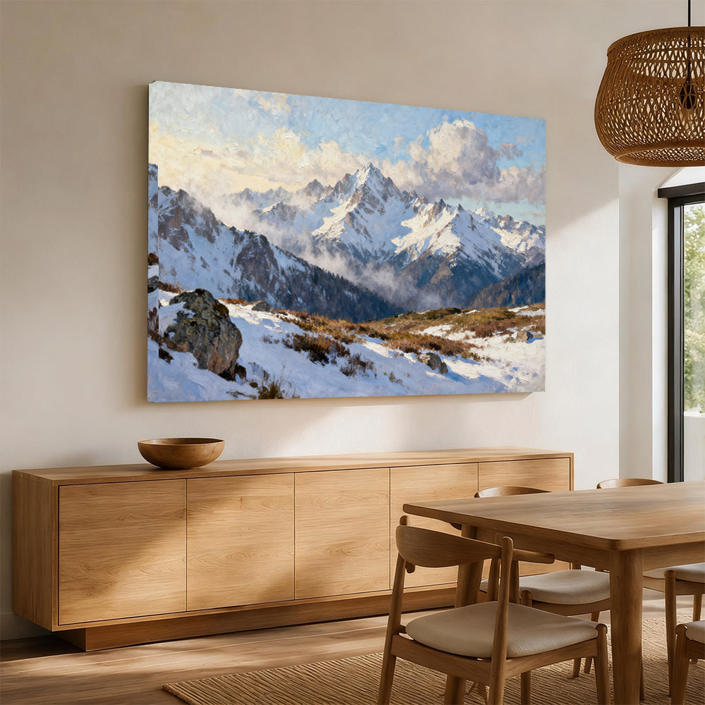 Snowy Alpine Outlook canvas wall art, angled mockup above a sideboard.