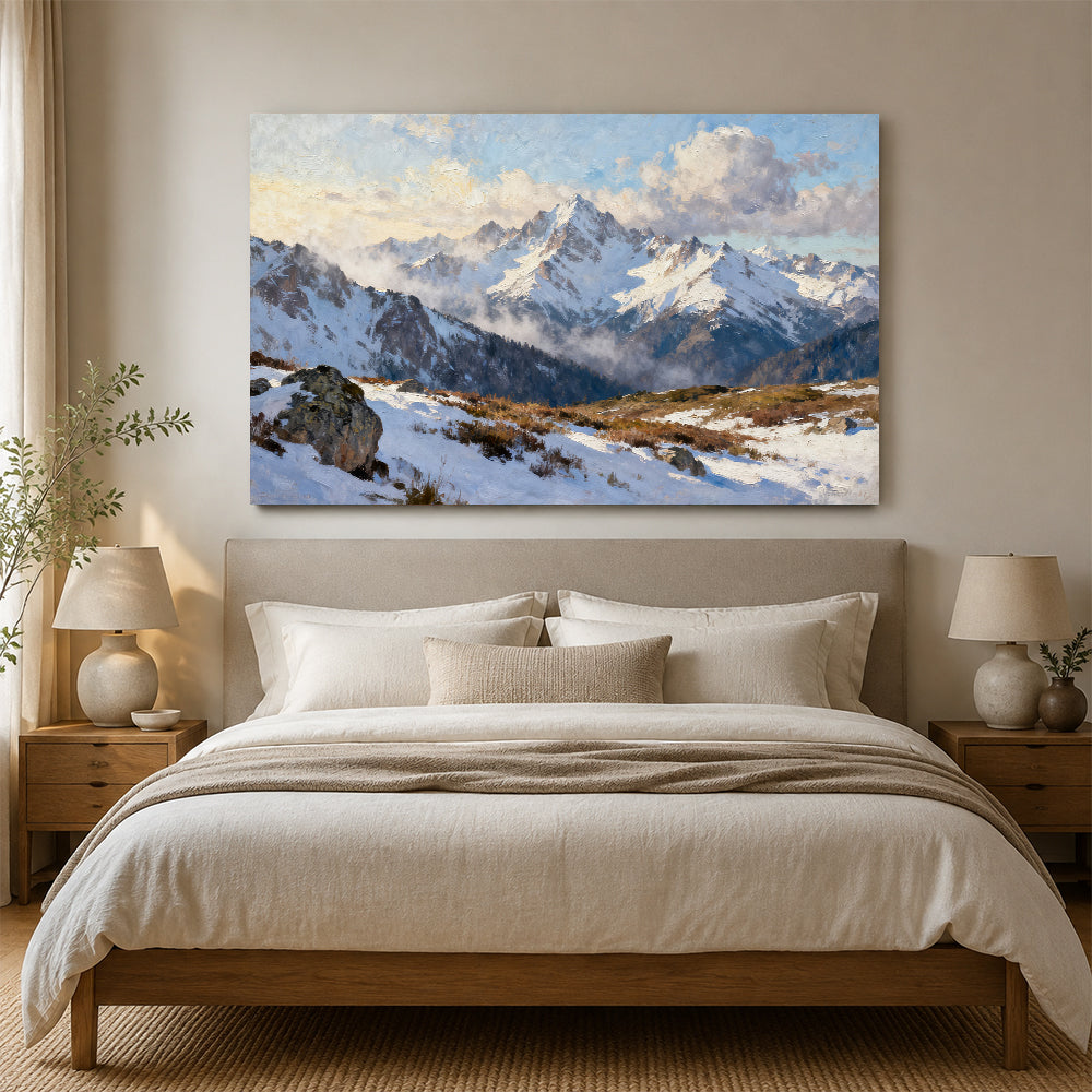 Snowy Alpine Outlook canvas wall art, bedroom mockup above a bed.