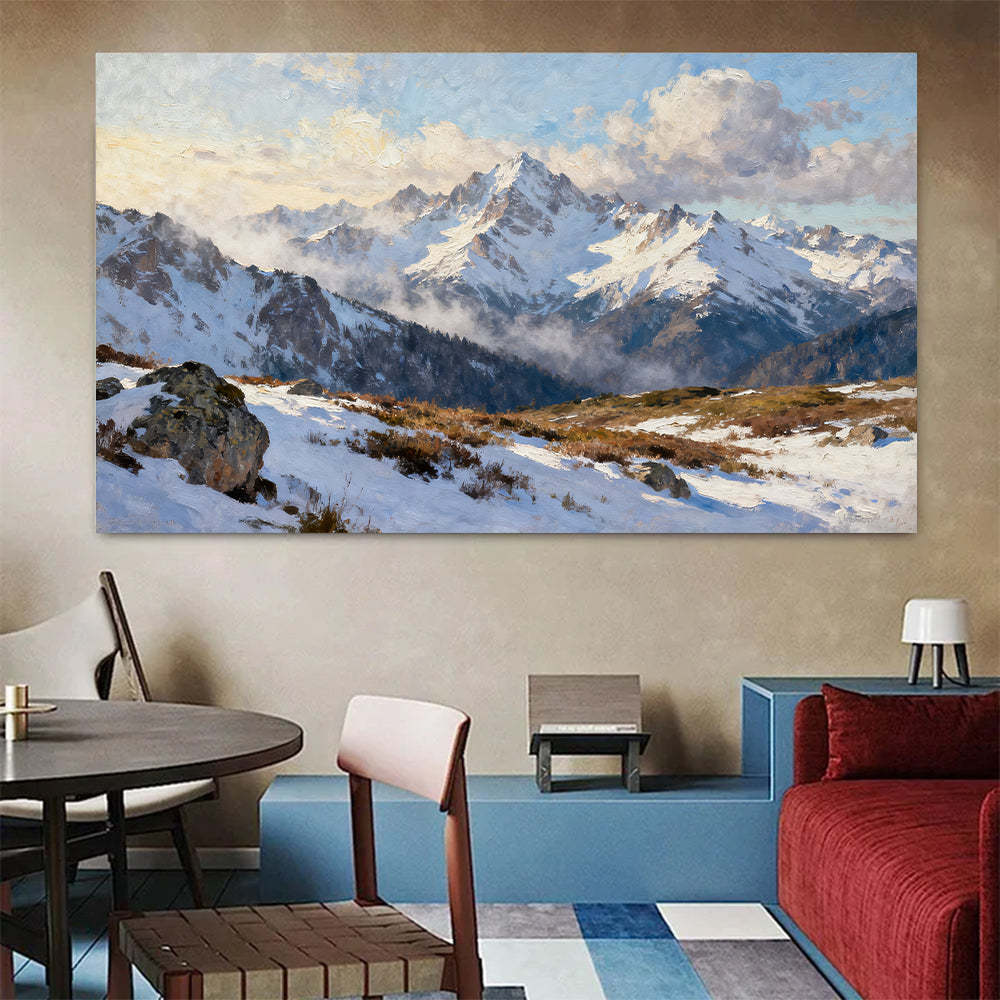 Snowy Alpine Outlook canvas wall art, colorful room mockup.