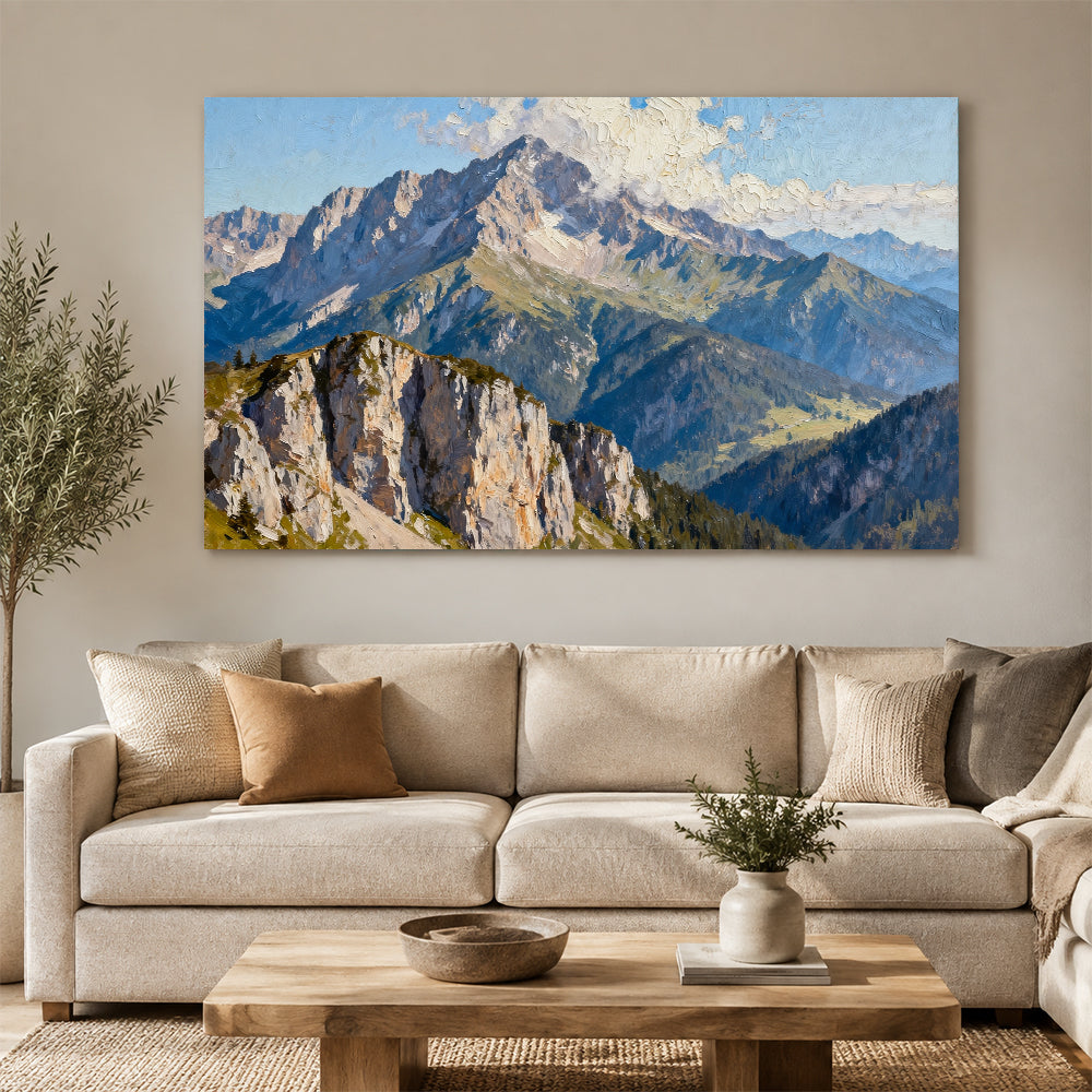 Granite Crown Panorama canvas wall art, living room mockup above a sofa.