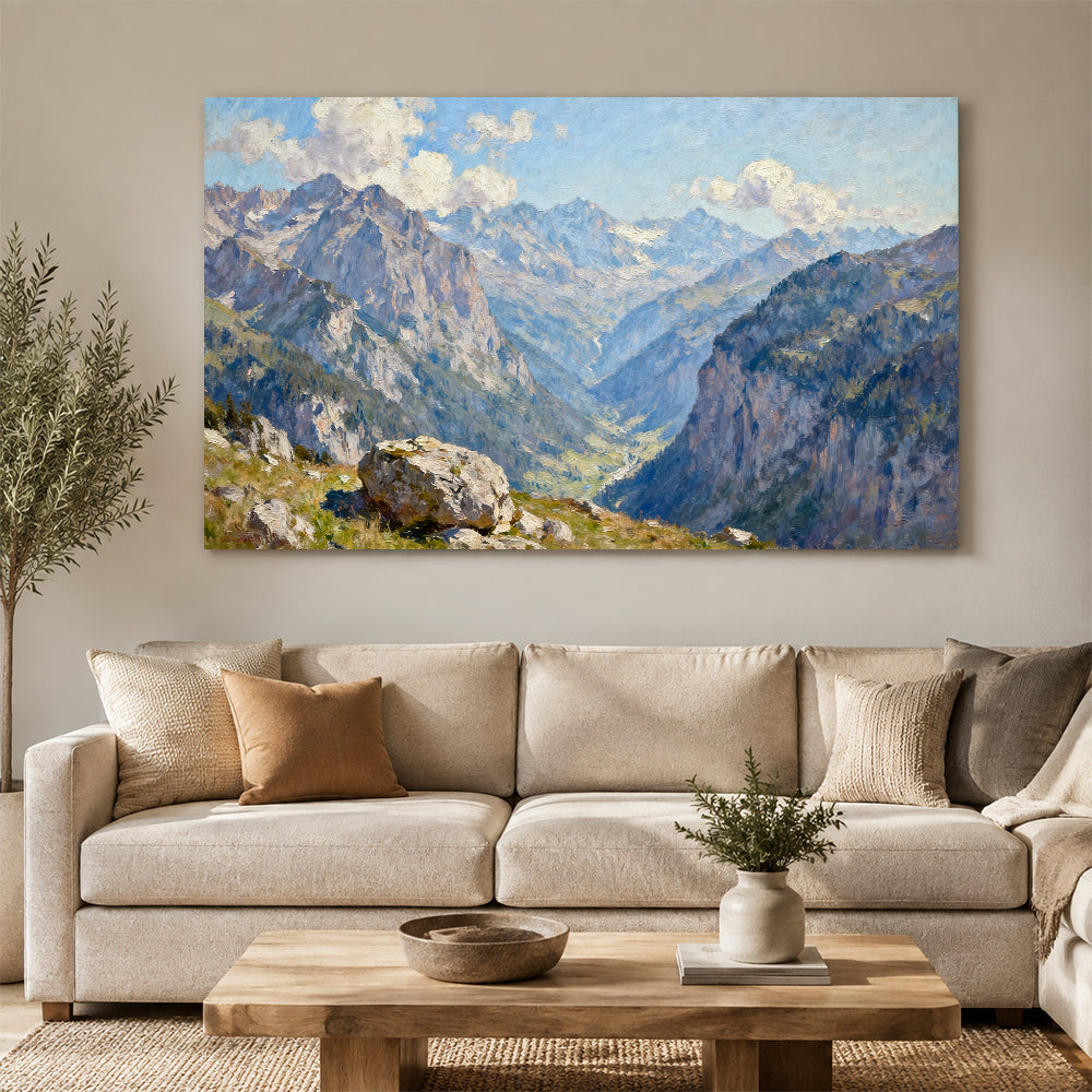 Blue Mountain Valley canvas wall art, living room mockup above a sofa.