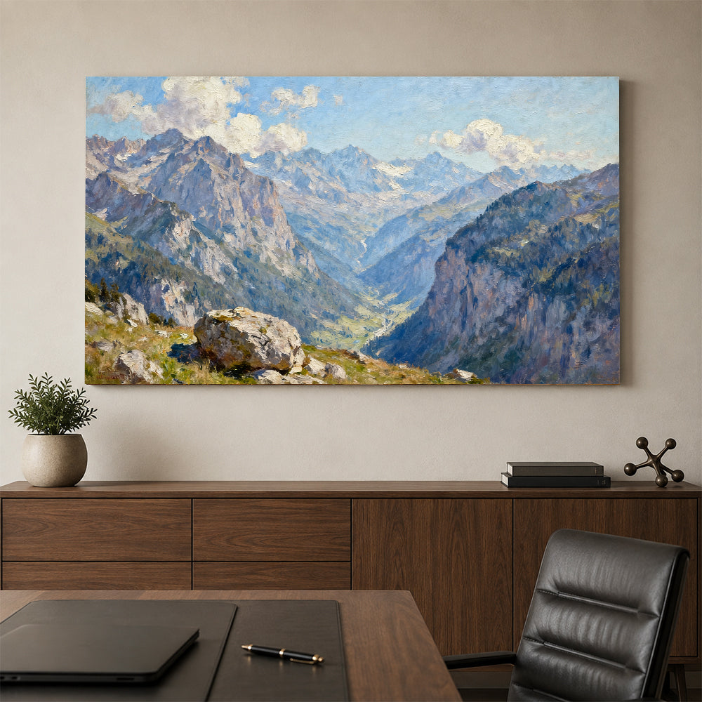 Blue Mountain Valley canvas wall art, office mockup above a desk.