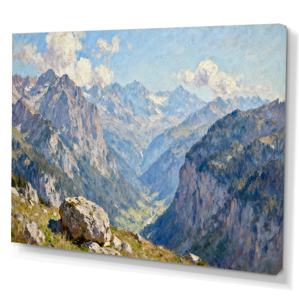 Blue Mountain Valley canvas wall art, angled canvas mockup on a white background.