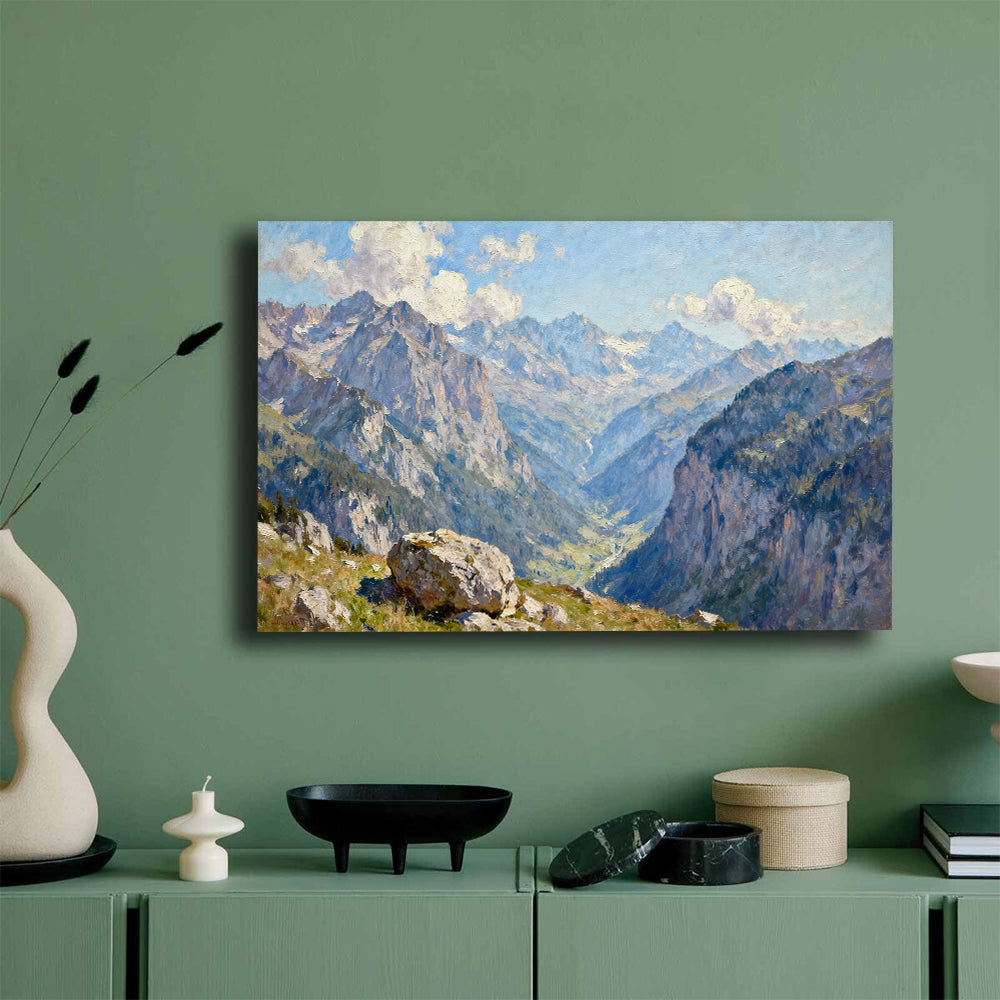 Blue Mountain Valley canvas wall art, mockup on a green wall.
