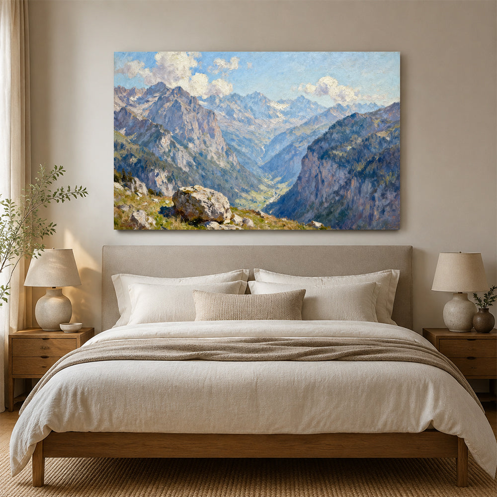 Blue Mountain Valley canvas wall art, bedroom mockup above a bed.