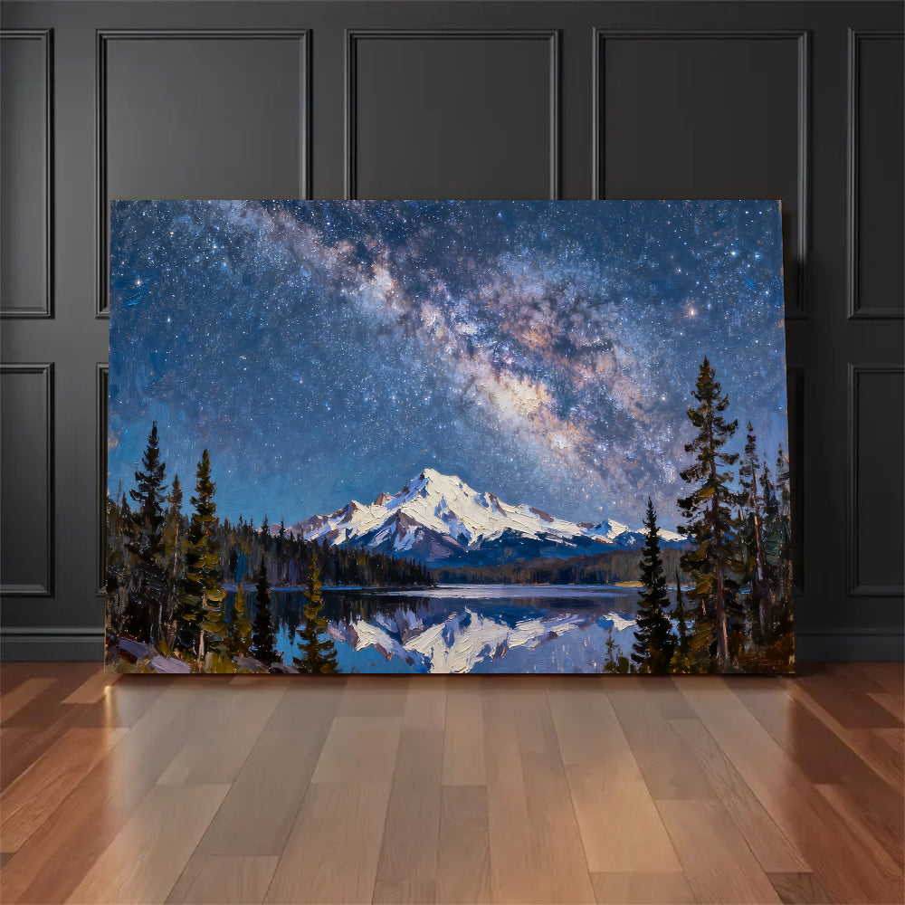 Starlit Summit Reflection canvas wall art, floor display mockup.