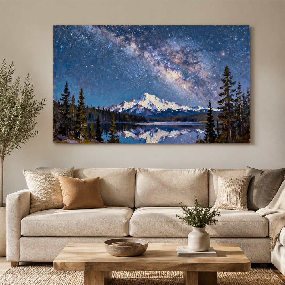 Starlit Summit Reflection canvas wall art, living room mockup.