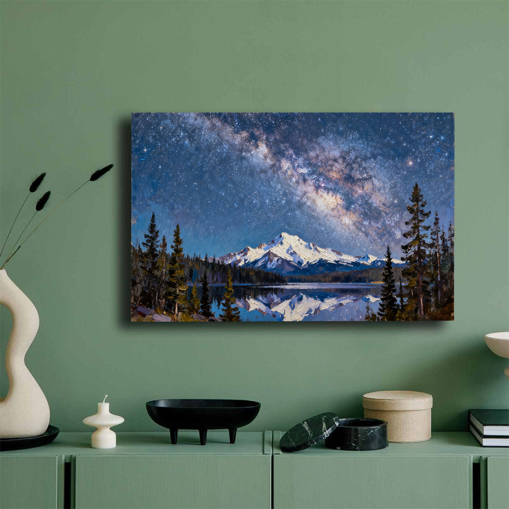 Starlit Summit Reflection canvas wall art, green wall mockup.