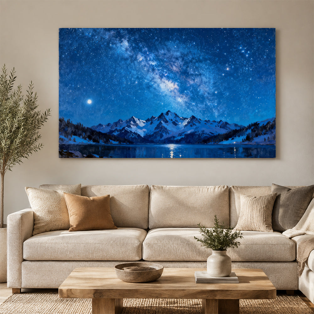Midnight Alpine Galaxy canvas wall art, living room mockup.
