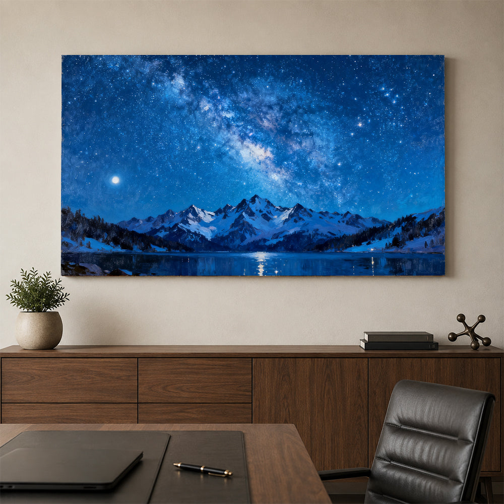 Midnight Alpine Galaxy canvas wall art, office mockup.