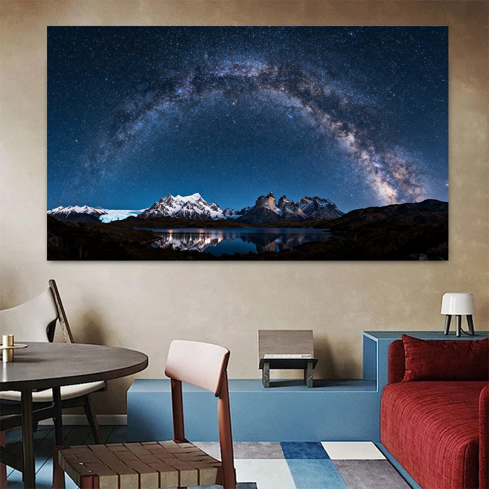Galaxy Arch over Peaks canvas wall art, living dining room mockup.