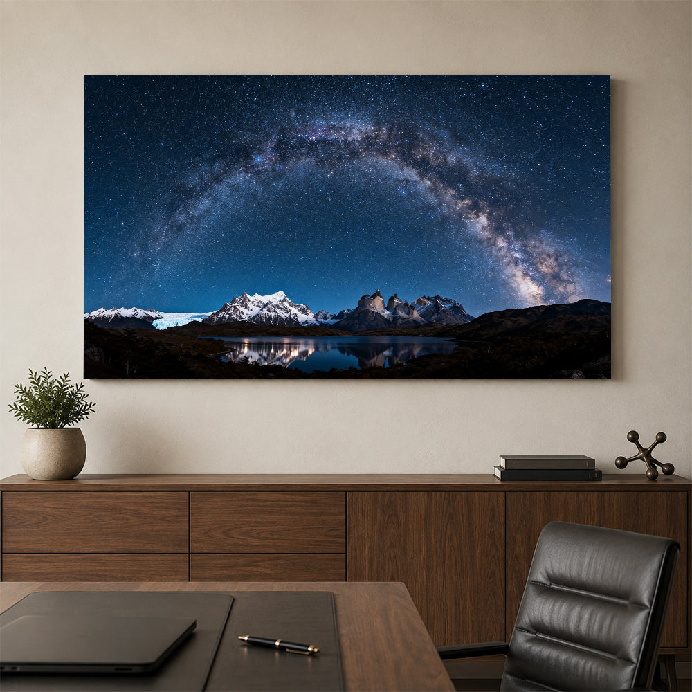 Galaxy Arch over Peaks canvas wall art, office mockup.