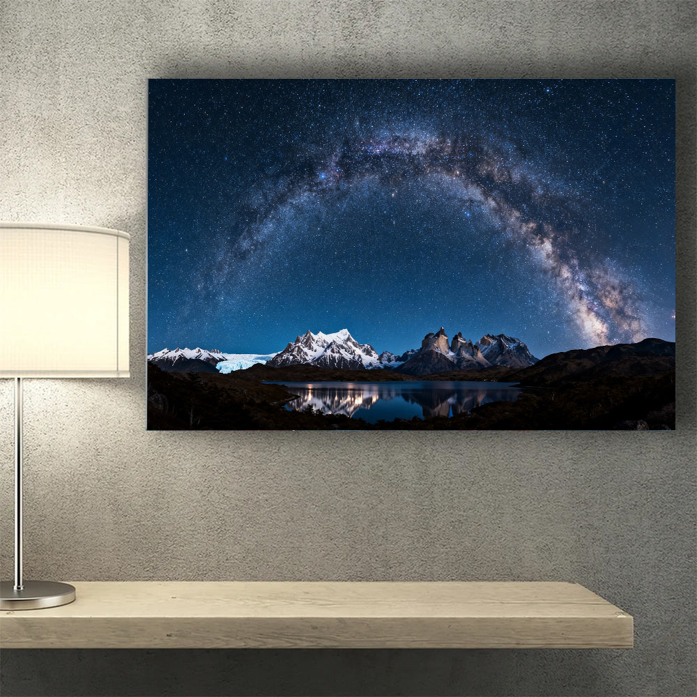 Galaxy Arch over Peaks canvas wall art, desk mockup.