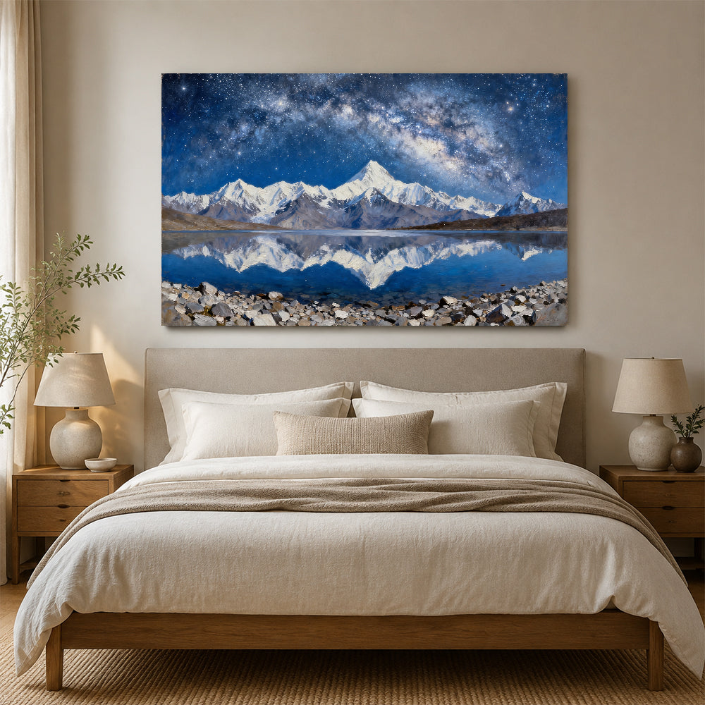 Silver Peaks under Stars canvas wall art, bedroom mockup.