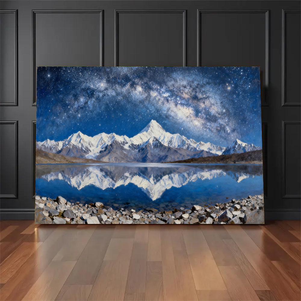 Silver Peaks under Stars canvas wall art, floor display mockup.