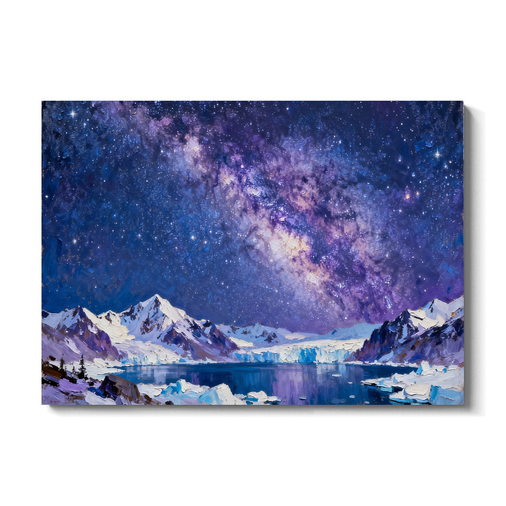 Violet Galaxy over Ice canvas wall art, front view on a white background.
