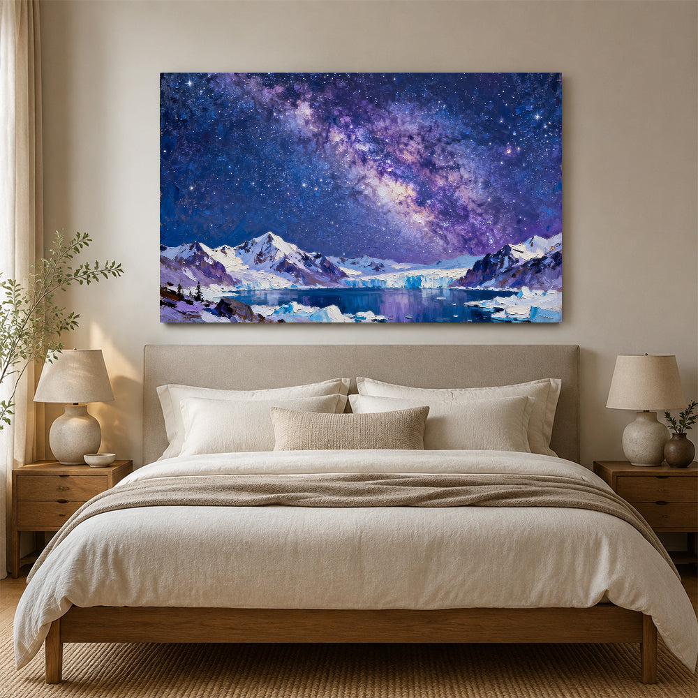 Violet Galaxy over Ice canvas wall art, bedroom mockup.
