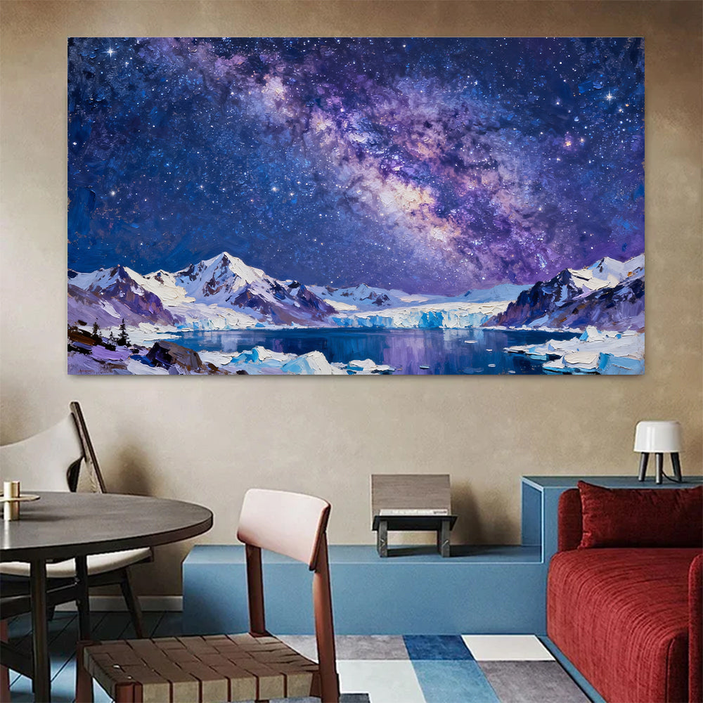 Violet Galaxy over Ice canvas wall art, living dining room mockup.