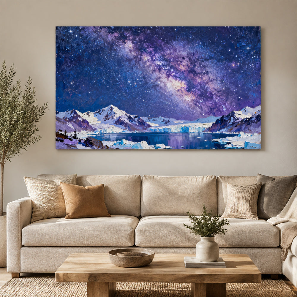 Violet Galaxy over Ice canvas wall art, living room mockup.