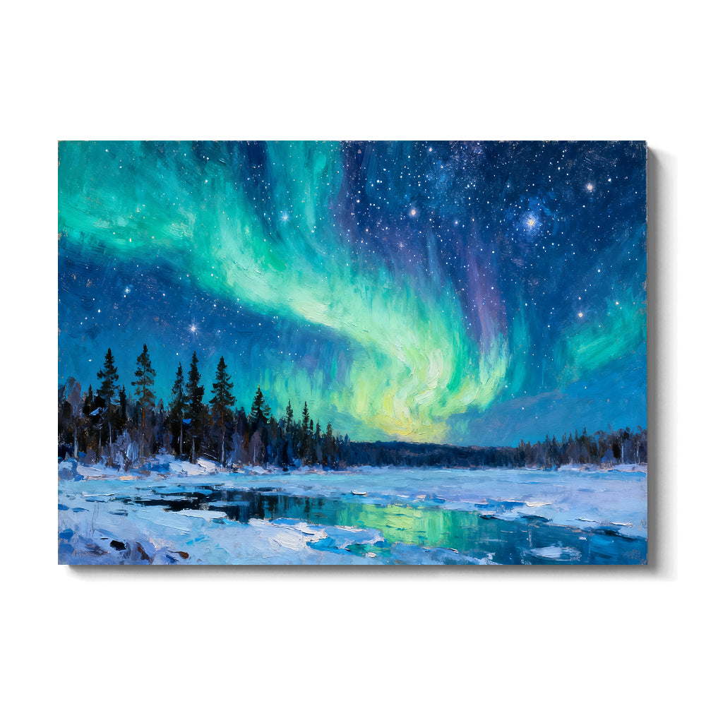 Emerald Aurora Forest canvas wall art, front view on a white background.