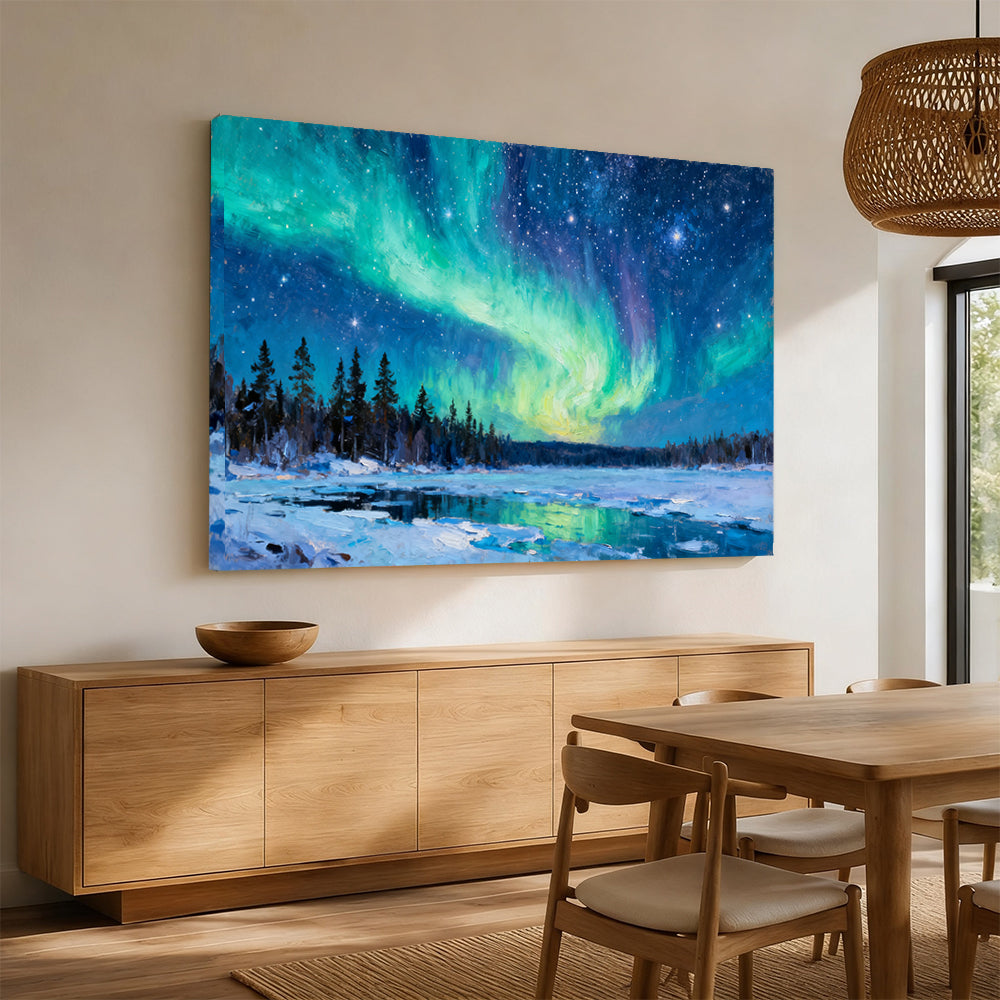 Emerald Aurora Forest canvas wall art, dining room mockup.