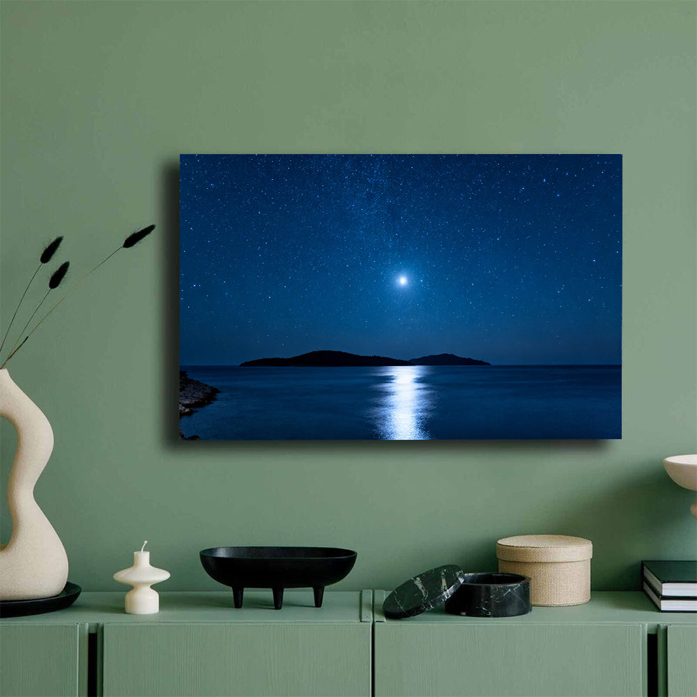 Moonlit Island Silence canvas wall art, green wall mockup.