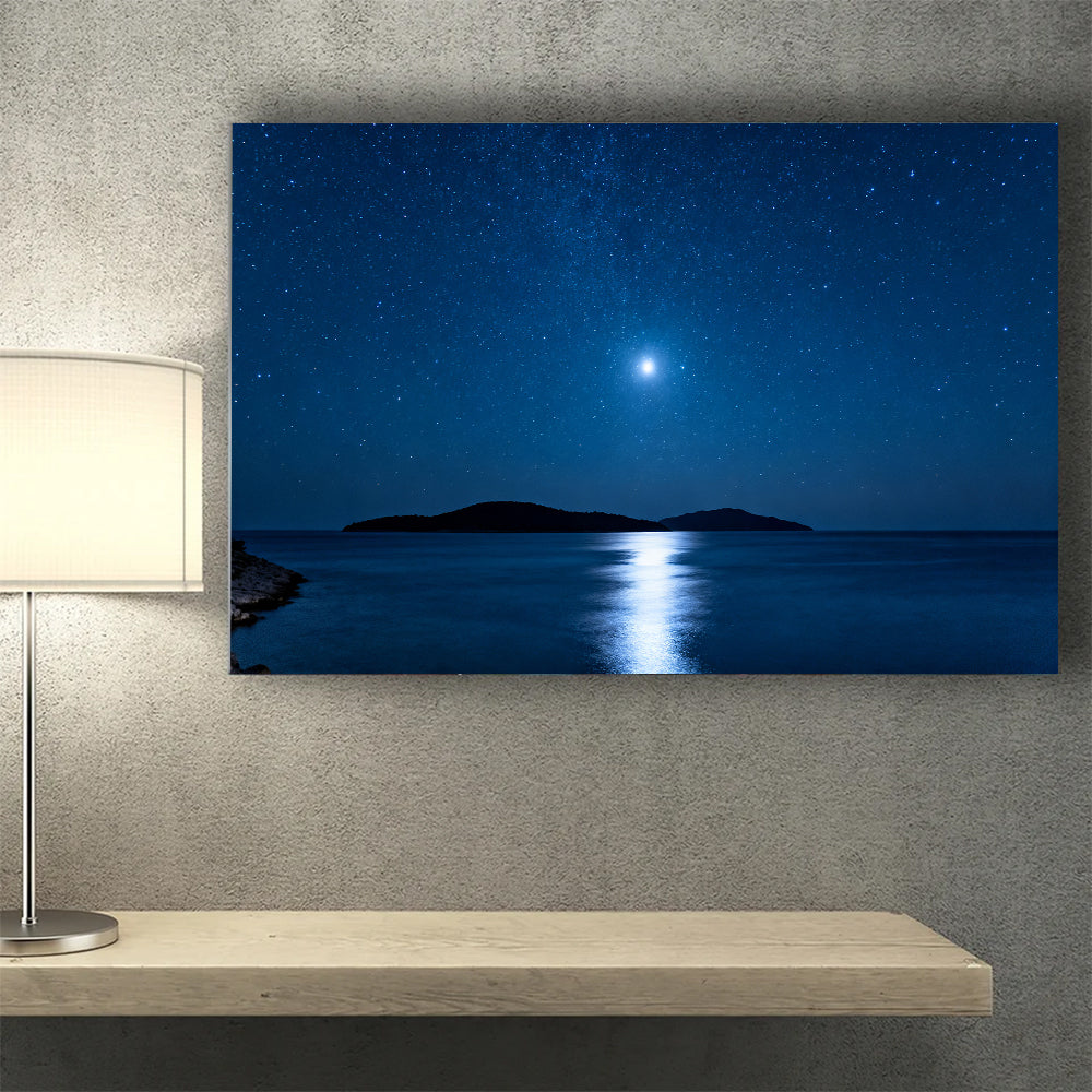 Moonlit Island Silence canvas wall art, desk mockup.