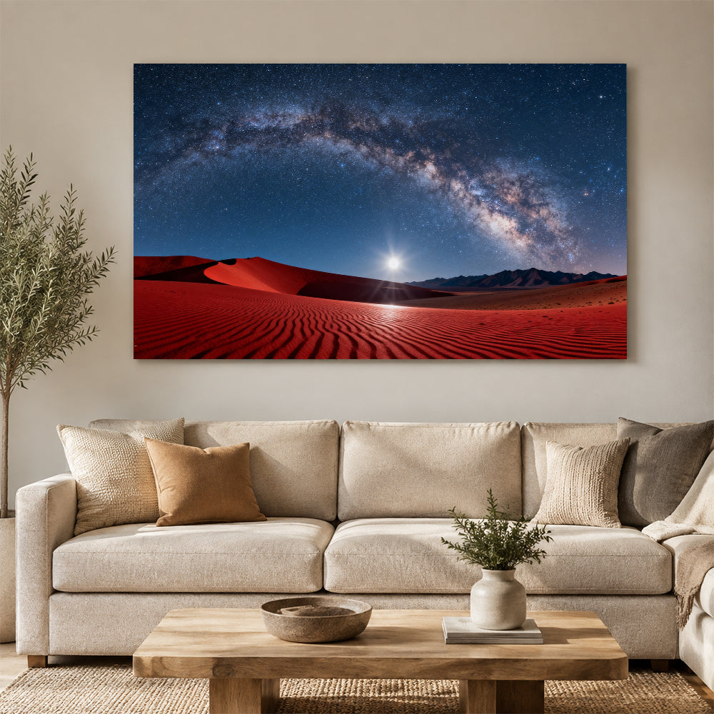 Milky Way over Red Dunes canvas wall art, living room mockup.