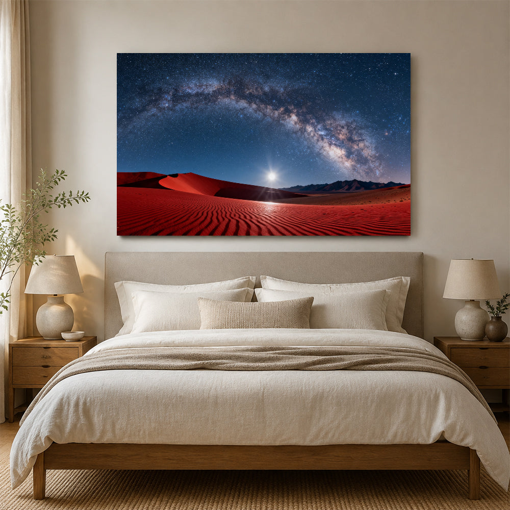 Milky Way over Red Dunes canvas wall art, bedroom mockup.