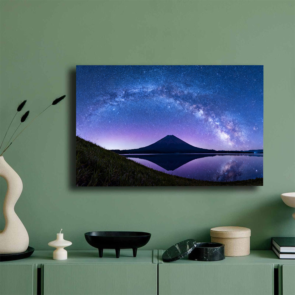 Starlit Volcano Reflection canvas wall art, green wall mockup.