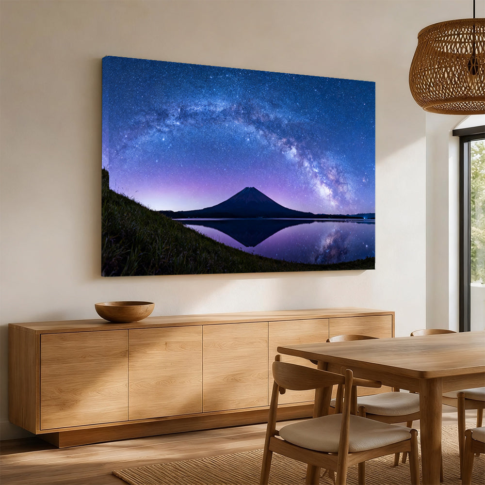 Starlit Volcano Reflection canvas wall art, dining room mockup.