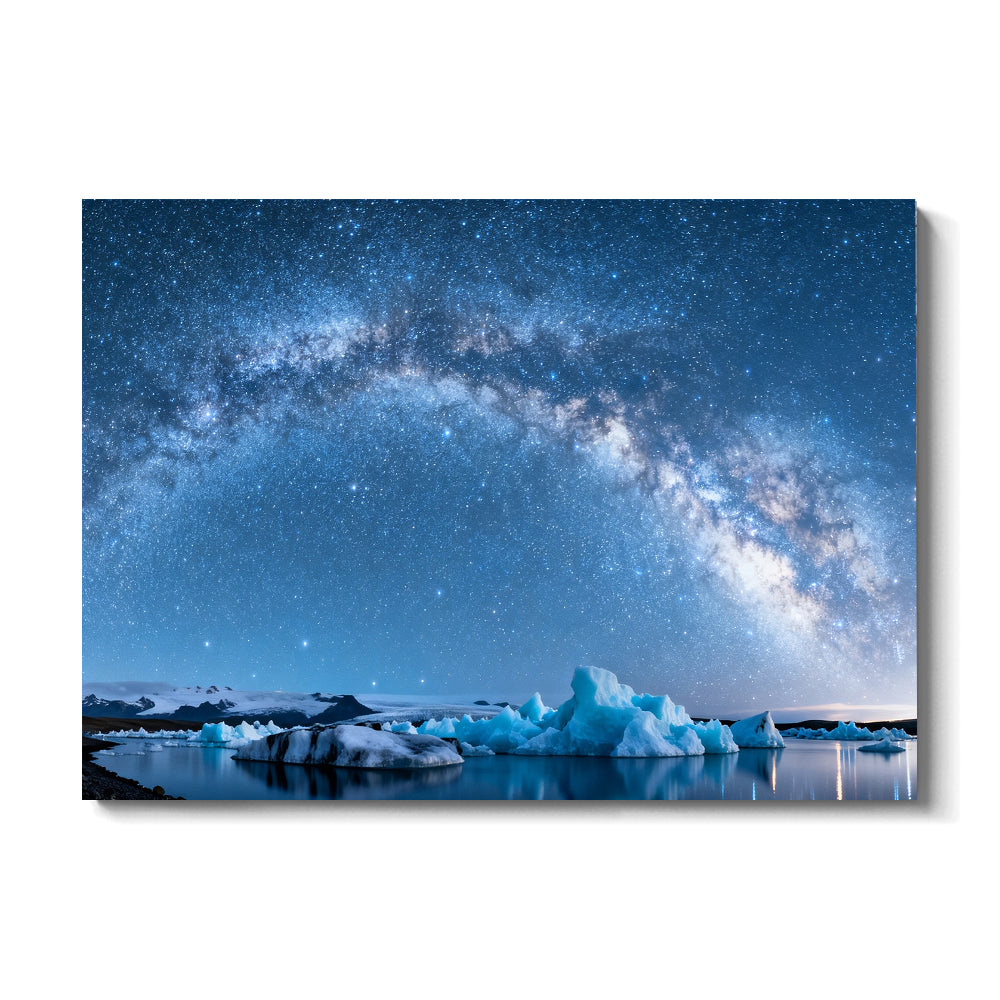 Galaxy above Blue Ice canvas wall art, front view on a white background.