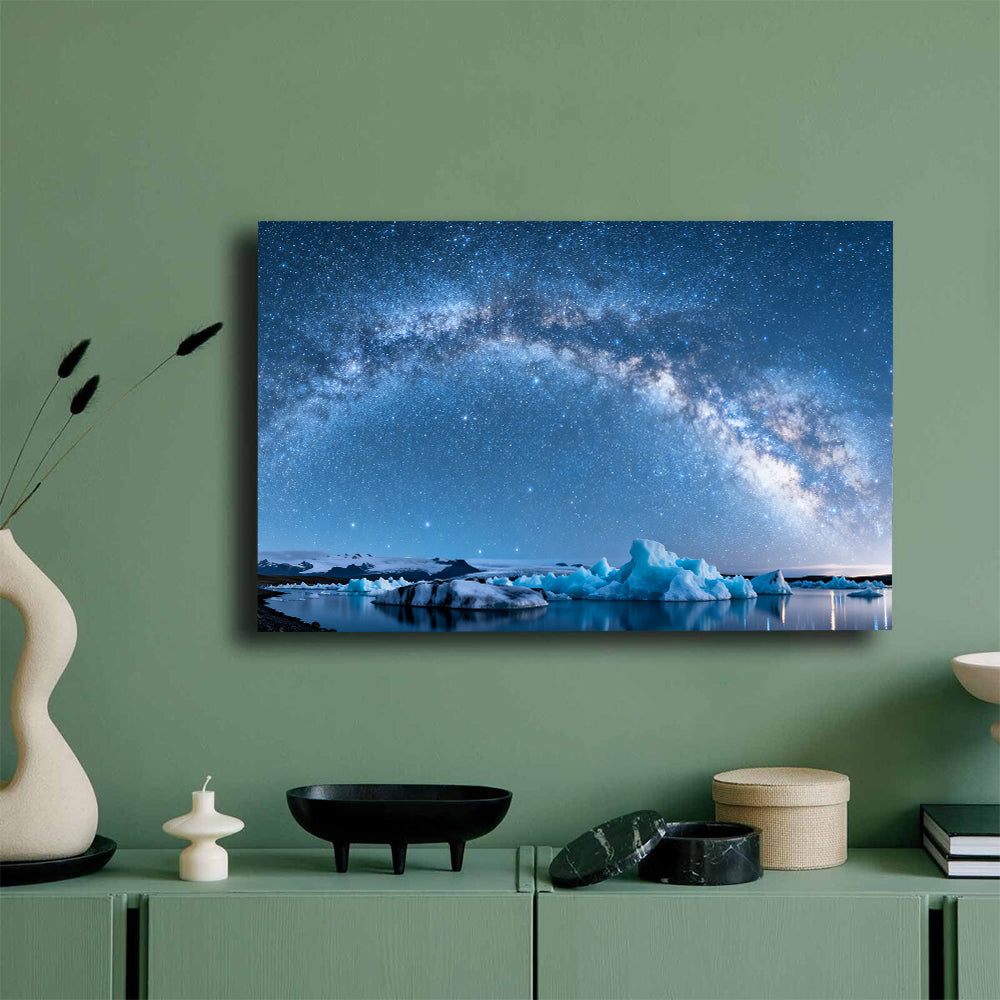 Galaxy above Blue Ice canvas wall art, green wall mockup.