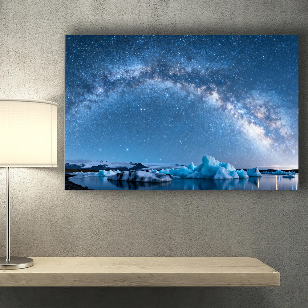 Galaxy above Blue Ice canvas wall art, desk mockup.