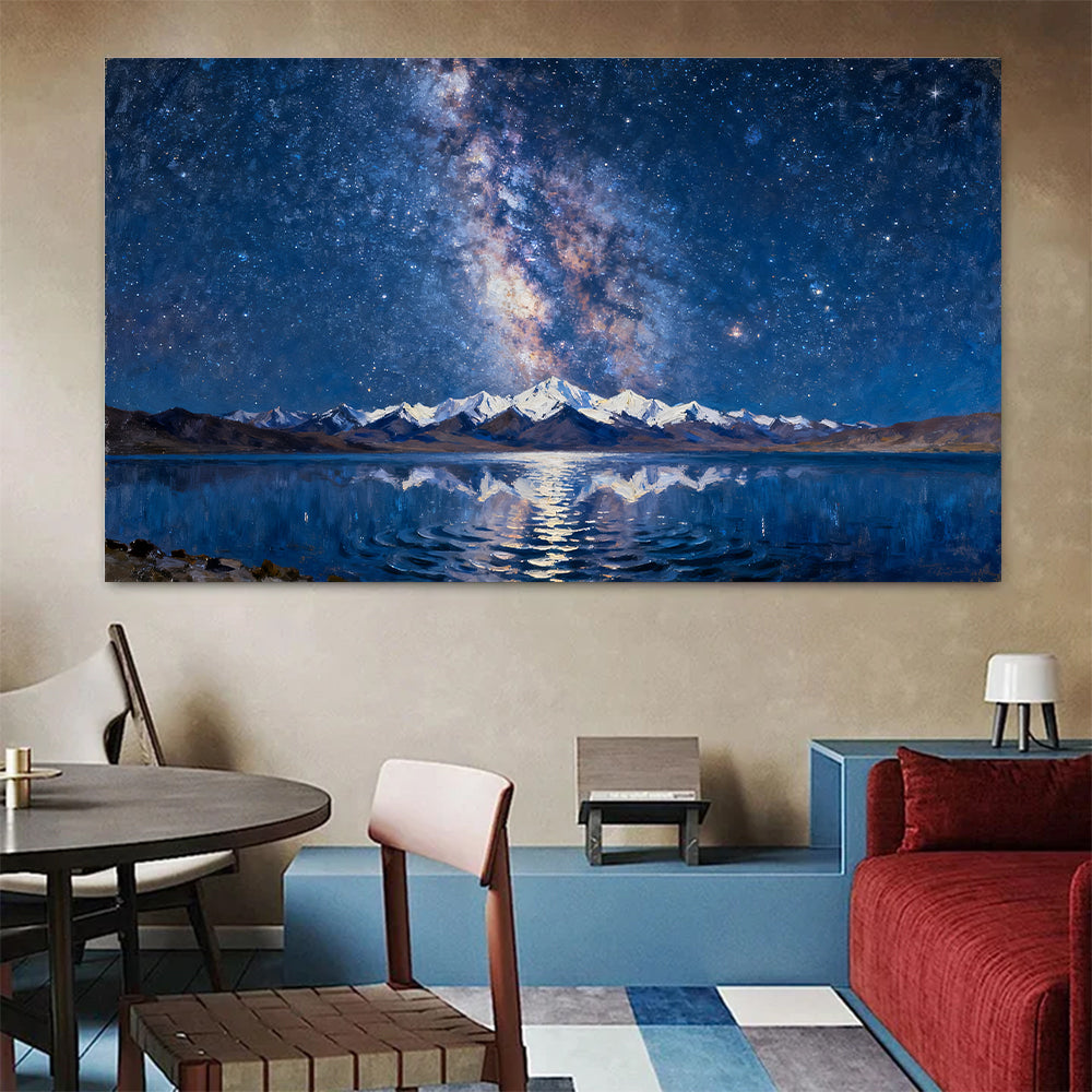 Celestial Lake Reflection canvas wall art, living dining room mockup.