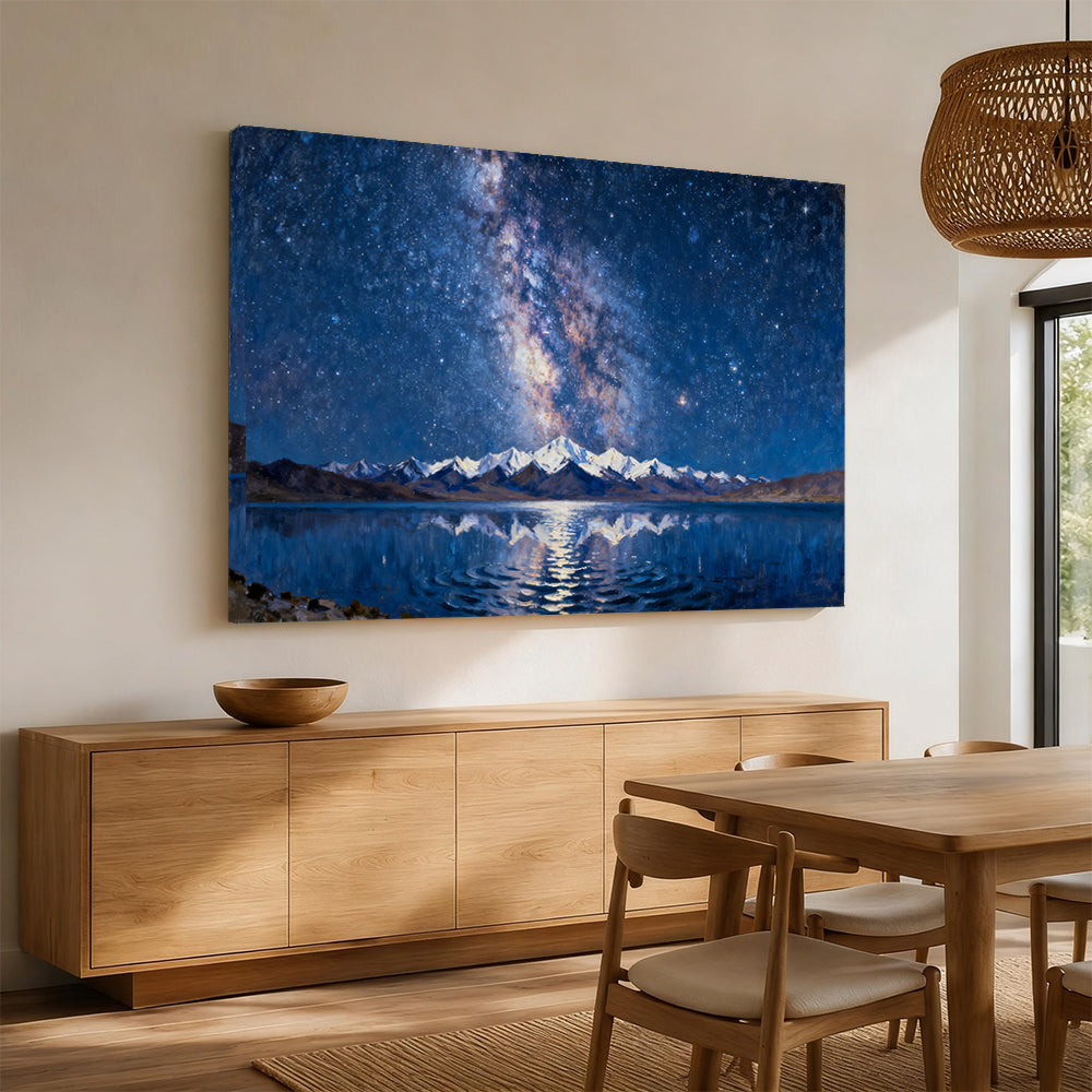 Celestial Lake Reflection canvas wall art, dining room mockup.
