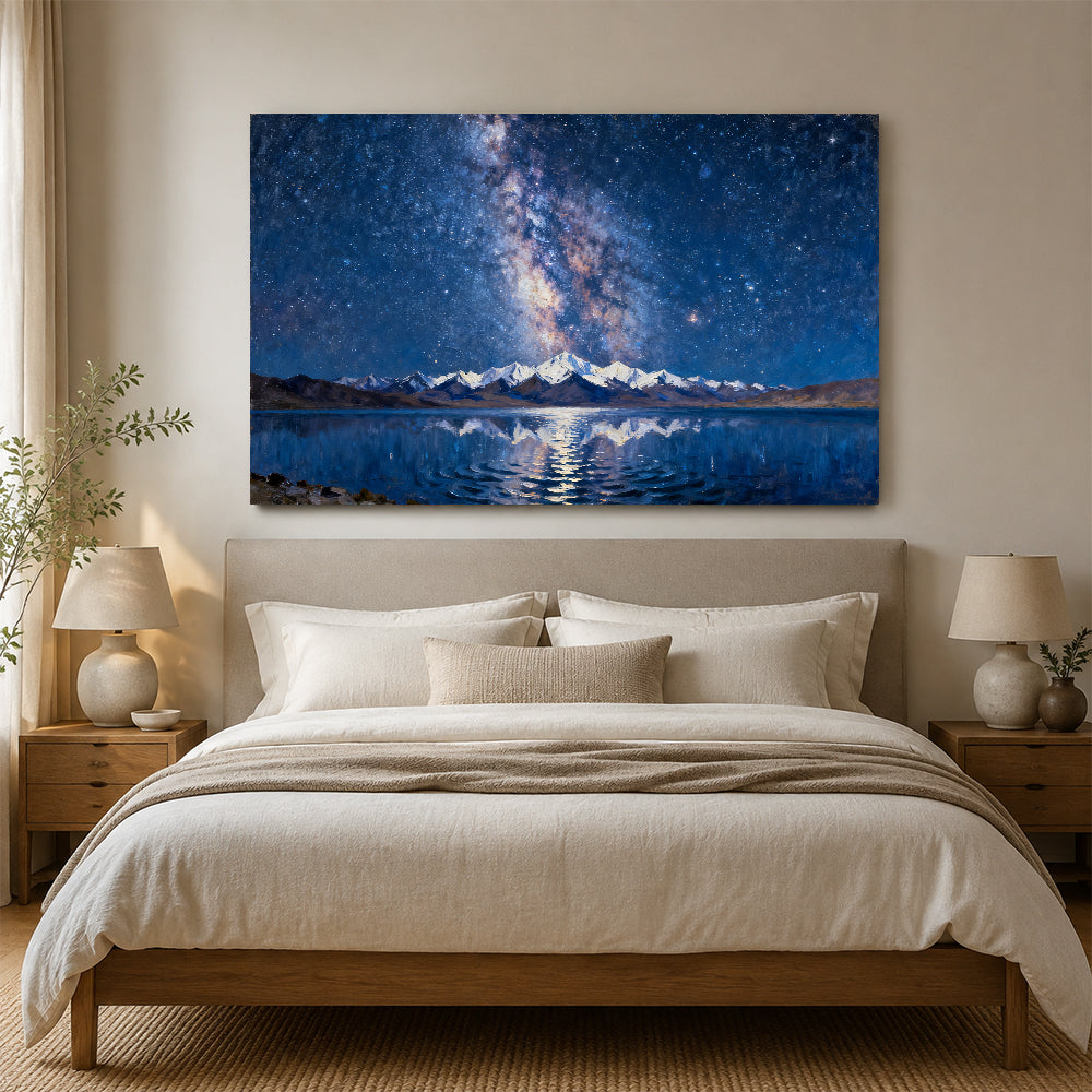 Celestial Lake Reflection canvas wall art, bedroom mockup.