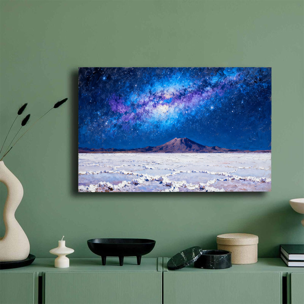 Electric Blue Desert Galaxy canvas wall art, green wall mockup.