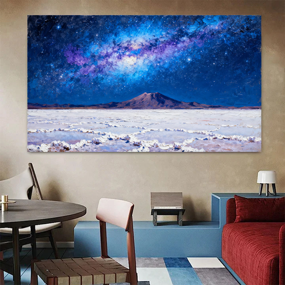Electric Blue Desert Galaxy canvas wall art, living dining room mockup.