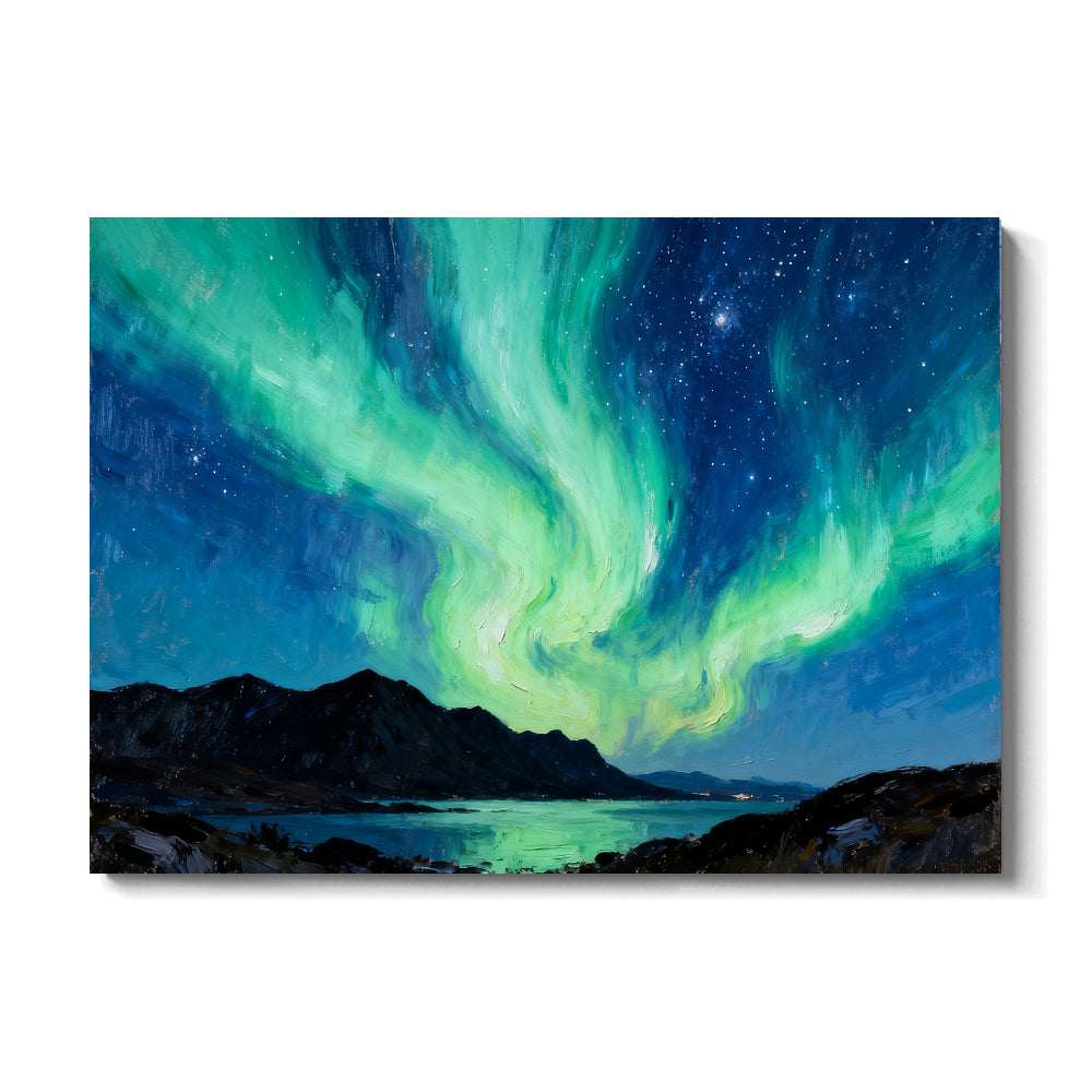 Aurora over Dark Highlands canvas wall art, front view on a white background.