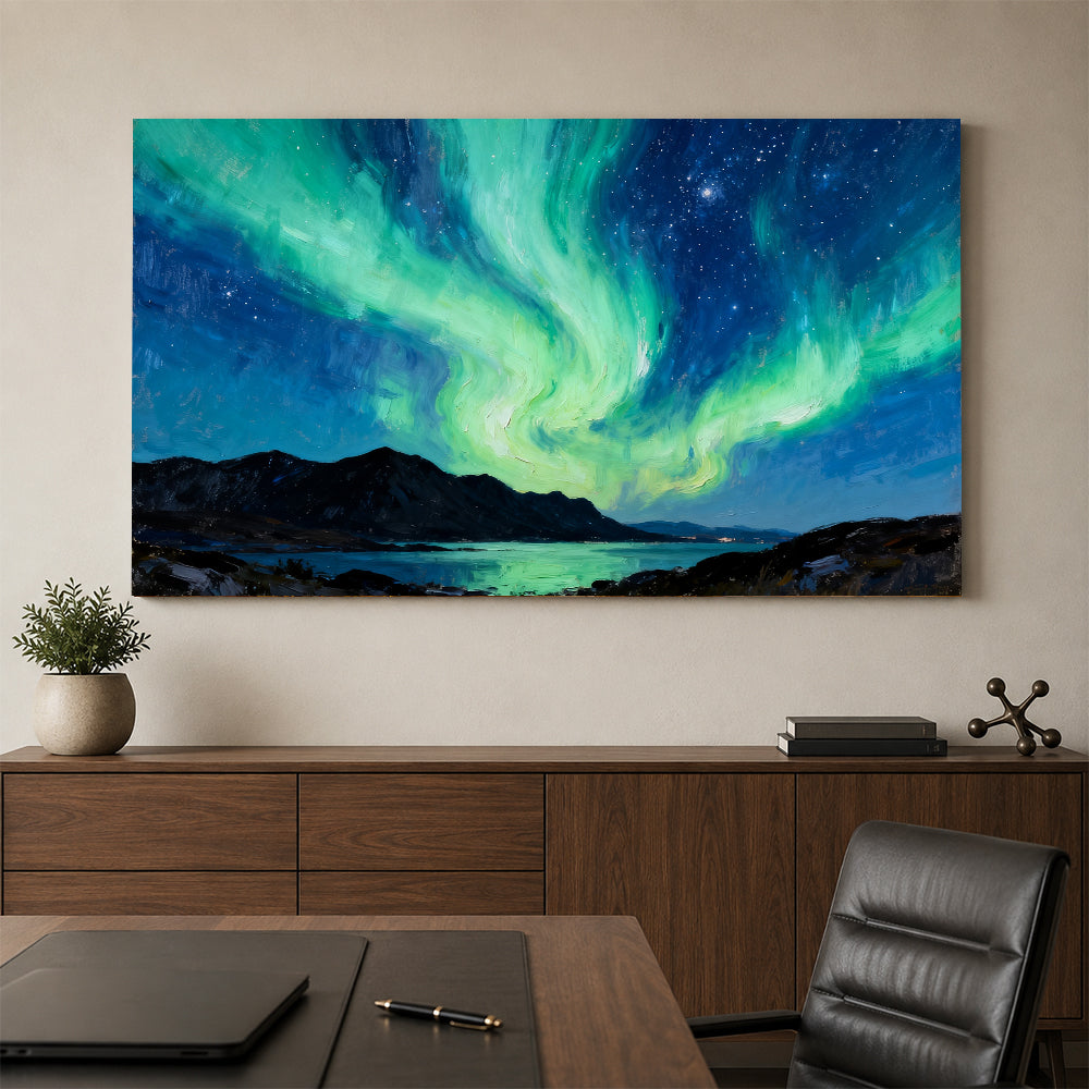 Aurora over Dark Highlands canvas wall art, office mockup.