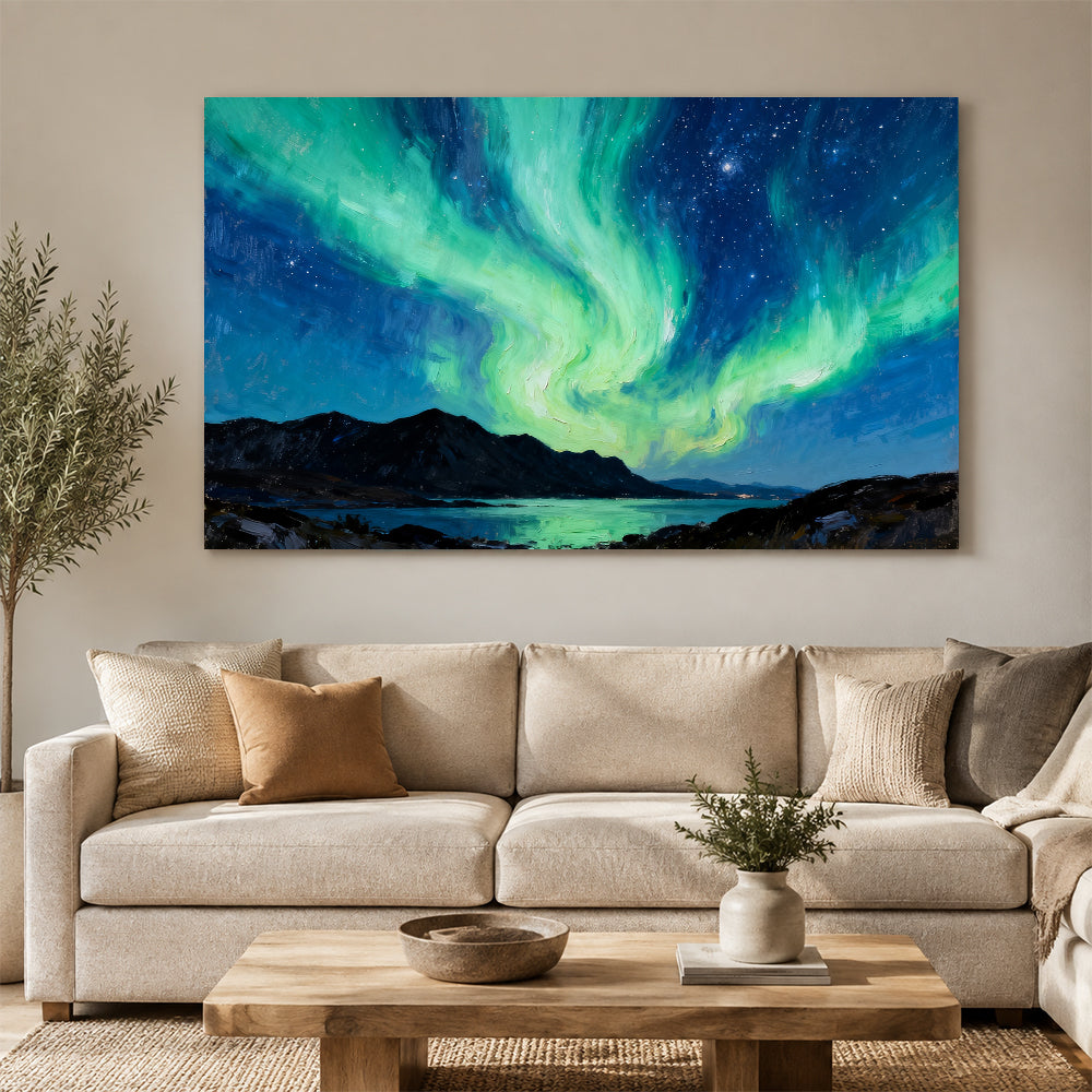 Aurora over Dark Highlands canvas wall art, living room mockup.