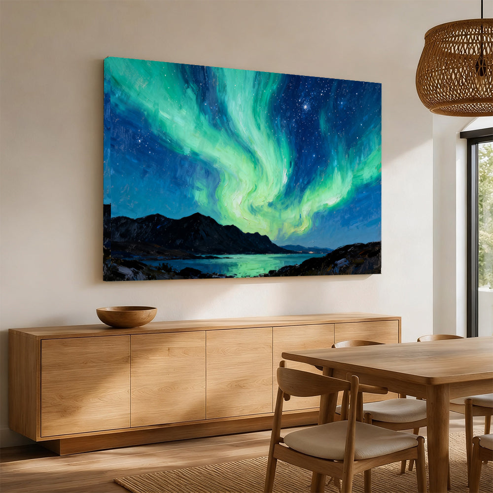 Aurora over Dark Highlands canvas wall art, dining room mockup.