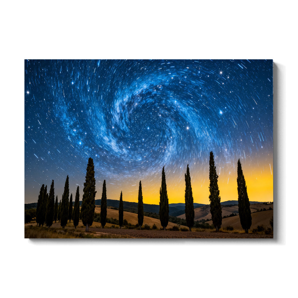 Cypress beneath Swirling Stars canvas wall art, front view on a white background.
