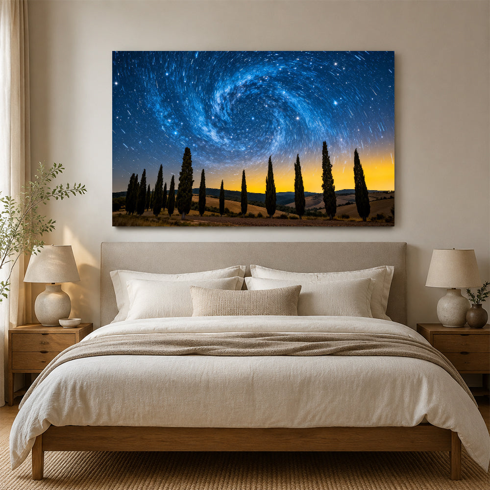 Cypress beneath Swirling Stars canvas wall art, bedroom mockup.