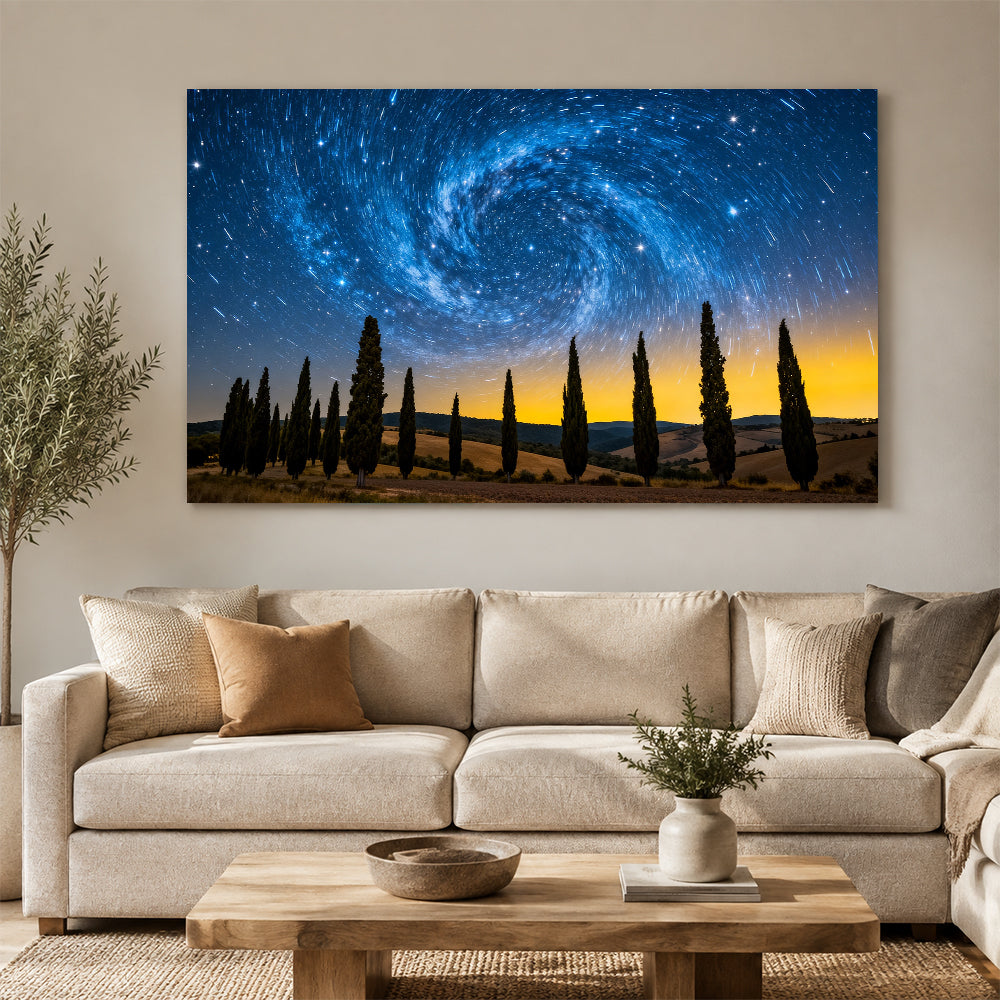Cypress beneath Swirling Stars canvas wall art, living room mockup.