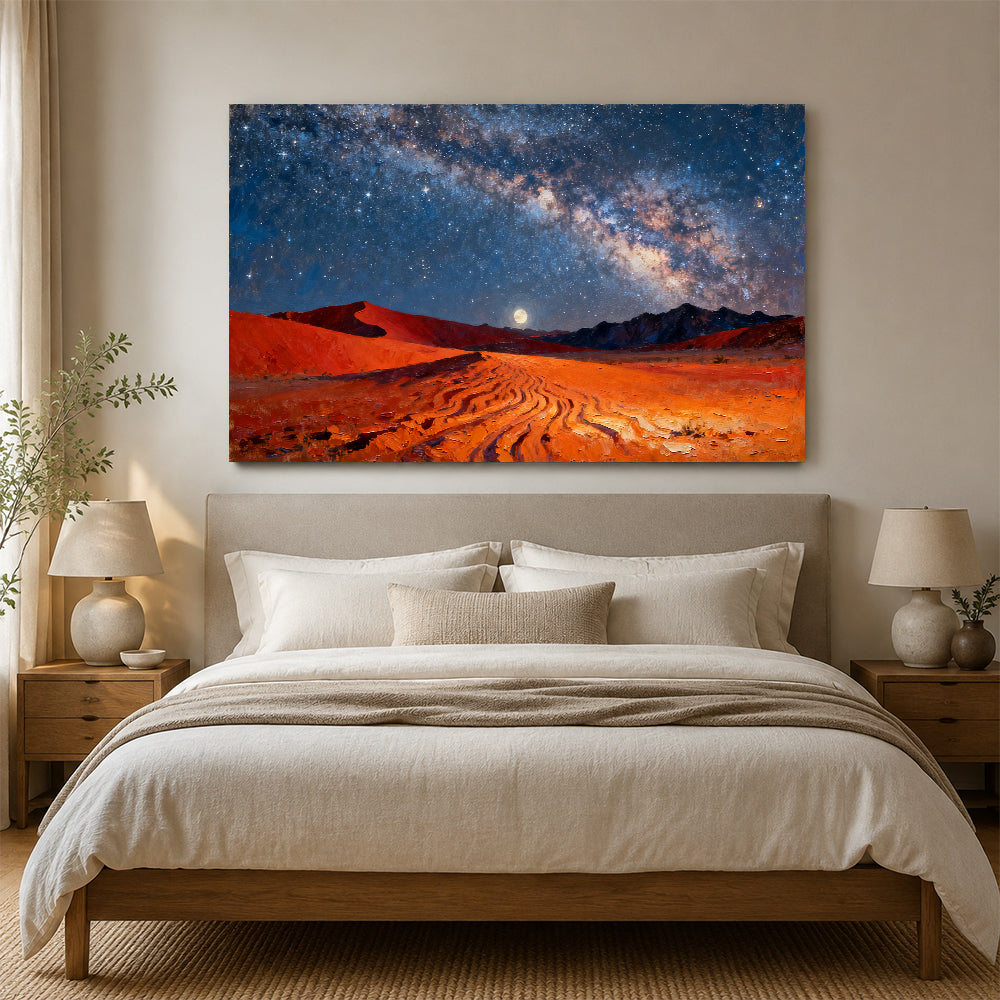 Moonrise on Desert Sands canvas wall art, bedroom mockup.