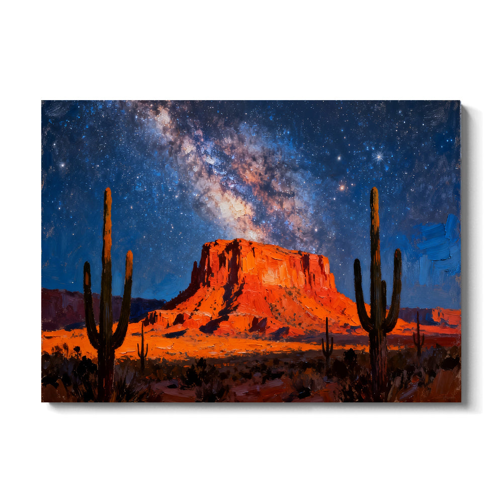 Cactus beneath the Galaxy canvas wall art, front view on a white background.