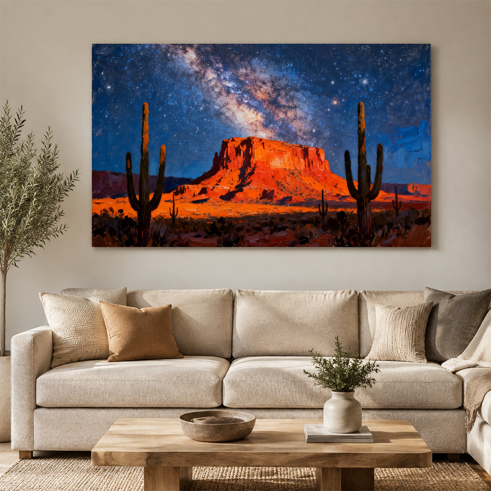 Cactus beneath the Galaxy canvas wall art, living room mockup.
